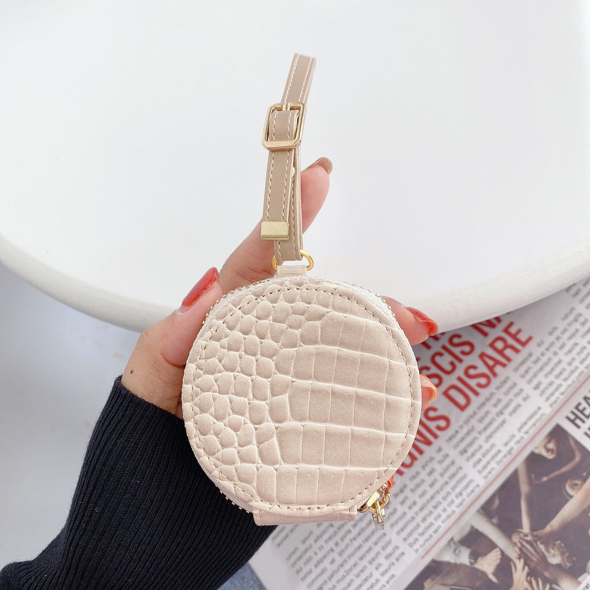 Crocodile Leather-Texture Zipper Case for Wireless Earbuds